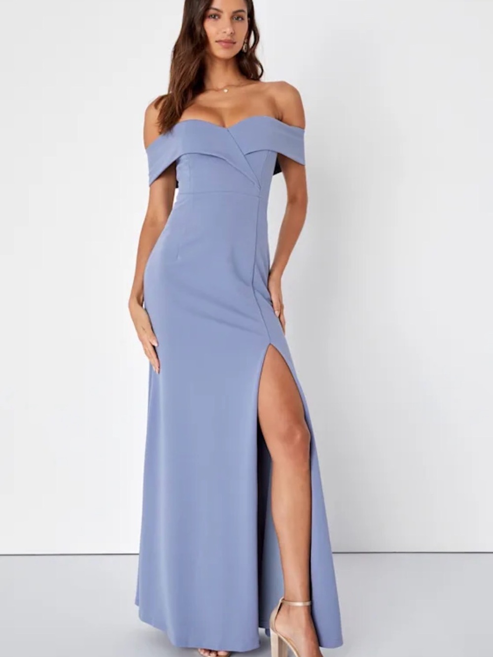 Lulu's Off-Shoulder Blue Gray Maxi Dress